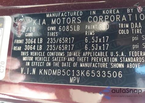 2019 Kia Sedona Lx из США, поврежденный, VIN KNDMB5C13K6533506